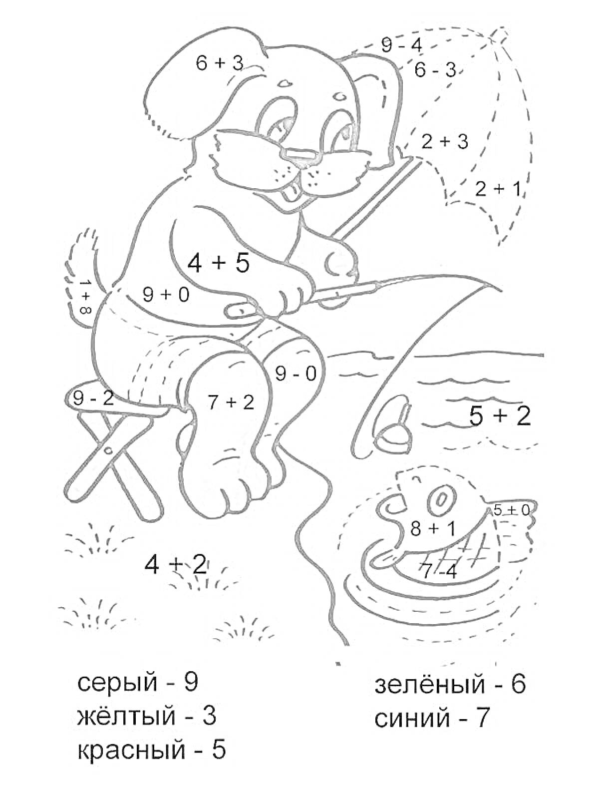 На раскраске изображено: Собака, Рыбалка, Рыба, Примеры, Математика, Цифры