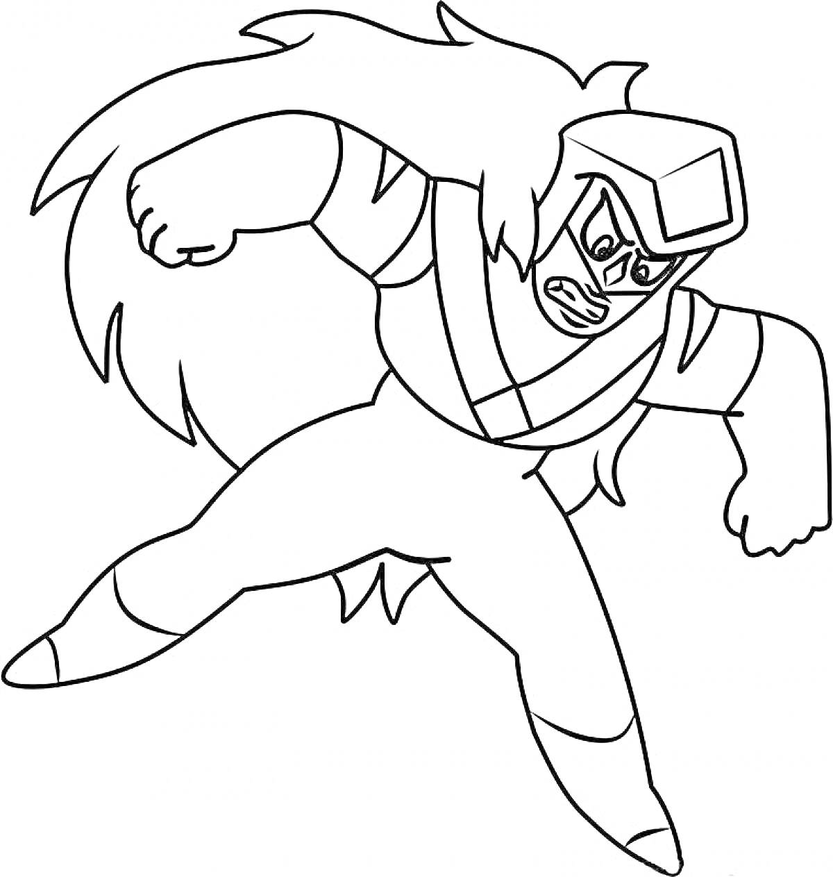 Раскраска Грозный персонаж из Вселенной Стивена с длинными волосами и защитной маской, готовый к атаке