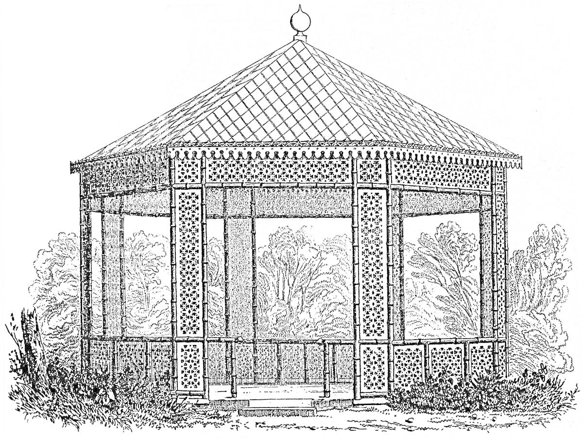 Раскраска Беседка с резными узорами, крышей из черепицы и окружением из деревьев и кустарников