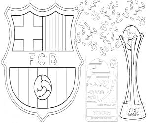 На раскраске изображено: Барселона, Футбол, Трофей, Билет, Логотипы