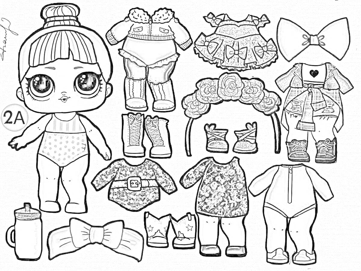Раскраска Кукла ЛОЛ с отдельной одеждой и аксессуарами - комбинезон, юбка, куртка, ботинки, ободки, банты, бутылочка
