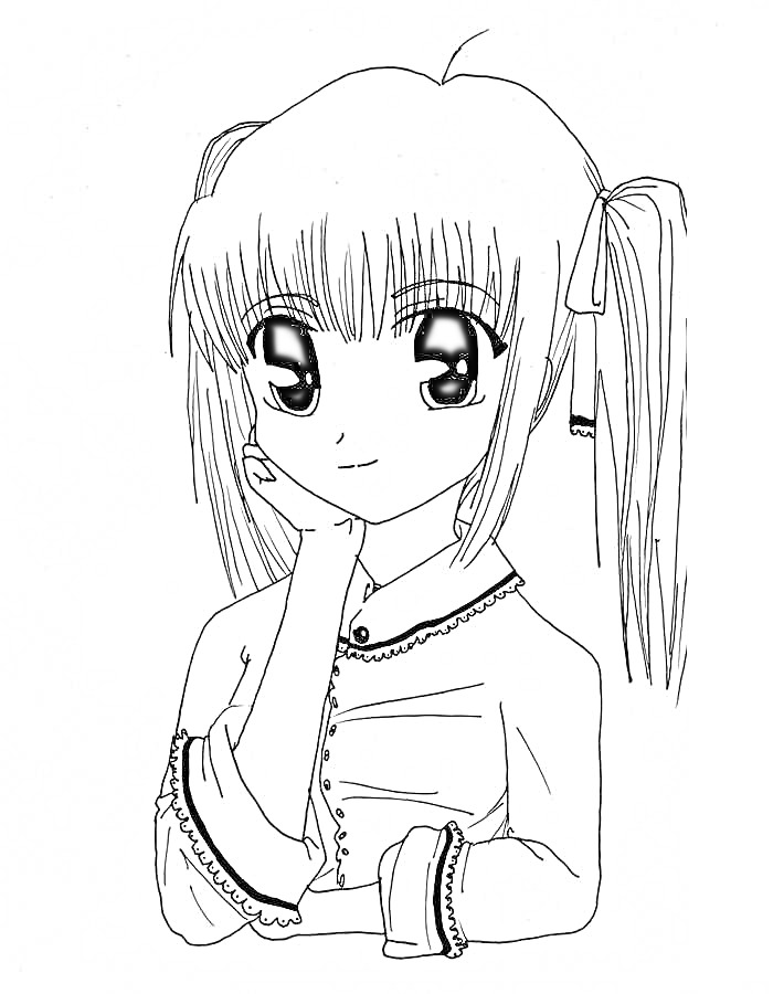 Раскраска Девочка-аниме с двумя хвостиками и задумчивым выражением лица, в рубашке с пуговицами