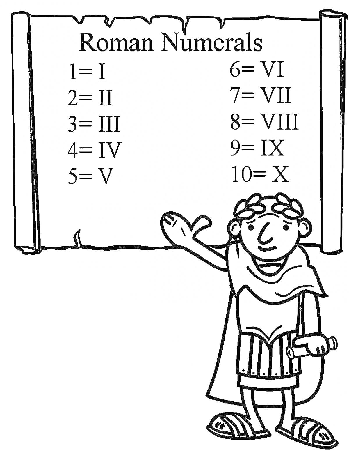 Раскраска Римские цифры со свитком и персонажем в античных одеждах