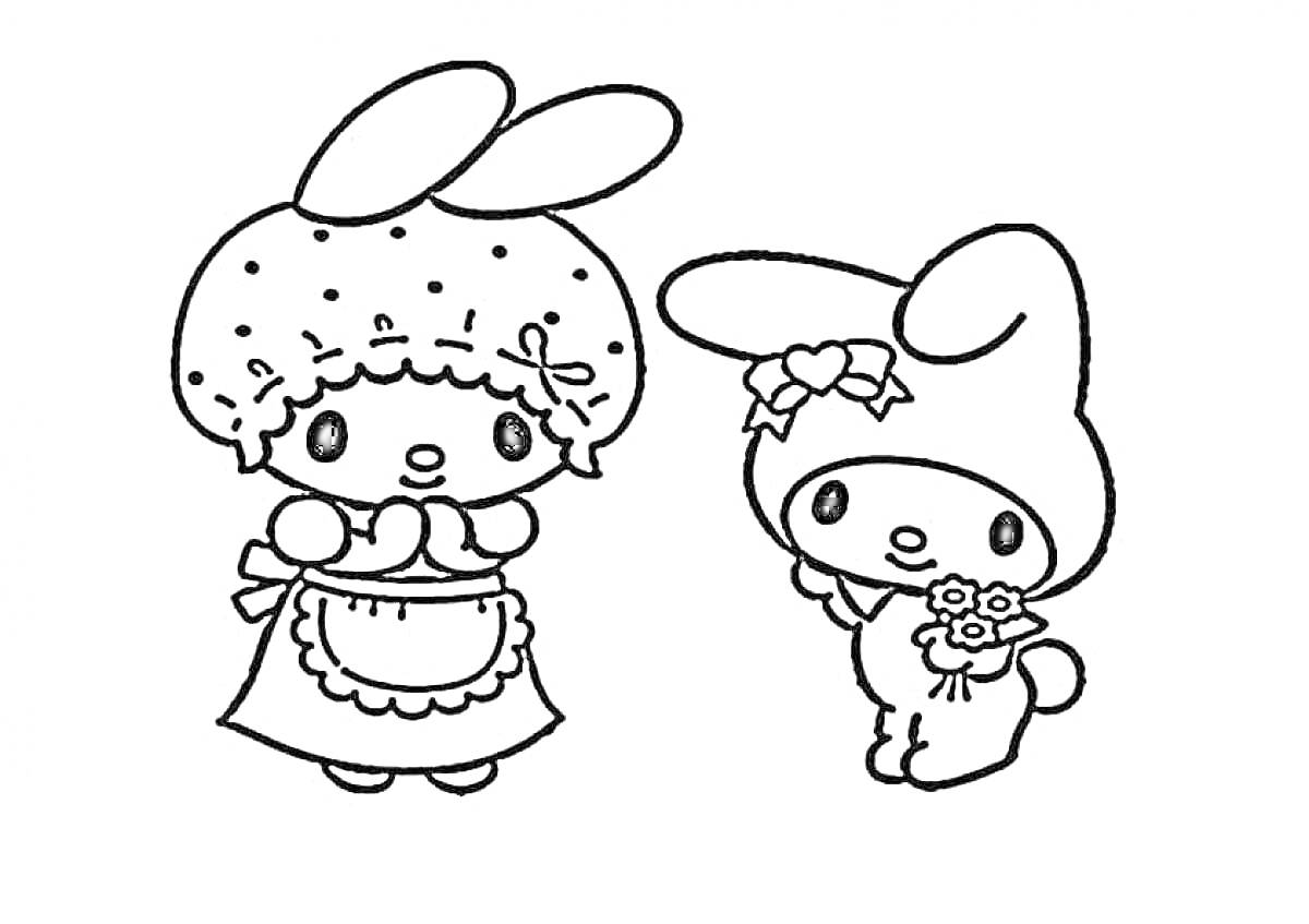 Раскраска Две персонажа с заячьими ушками, одно в переднике и шапочке, другое с бантом и цветами
