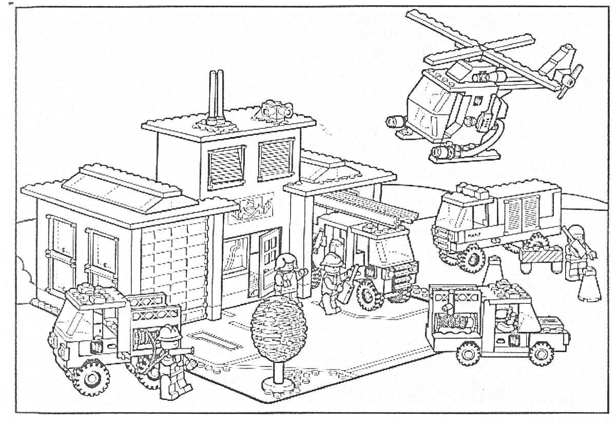 На раскраске изображено: Лего, Полицейский участок, Здание, Вертолет, Минифигурки