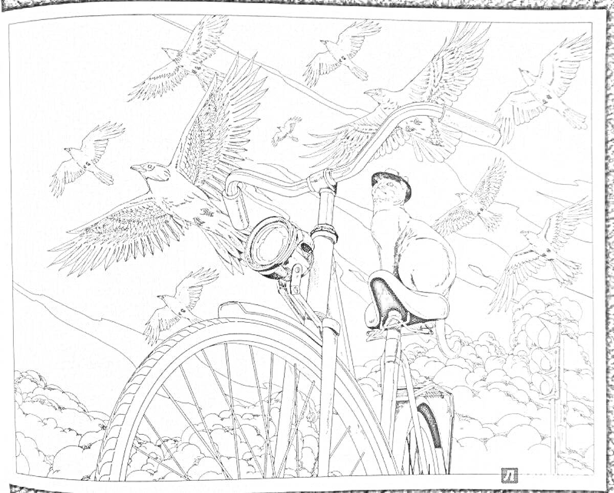 На раскраске изображено: Велосипед, Человек, Горы, Природа, Окружающая среда, Птица, Путешествия