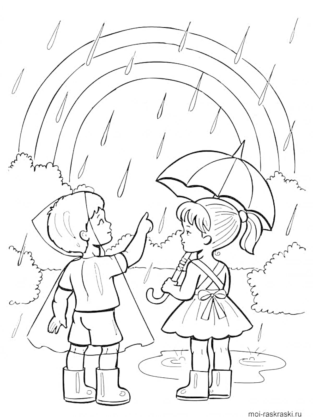 Раскраска Дети под дождём с зонтиком, радуга на небе