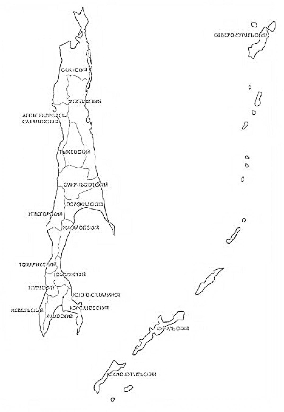 Раскраска Карта Сахалина с обозначением районов и Курильских островов