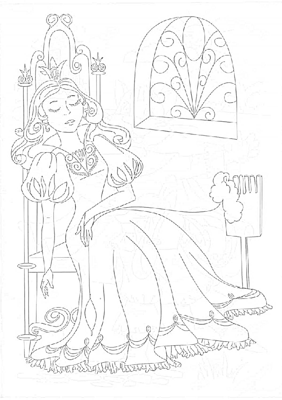 На раскраске изображено: Спящая красавица, Трон, Решетка, Принцесса, Платье, Корона, Шарль Перро