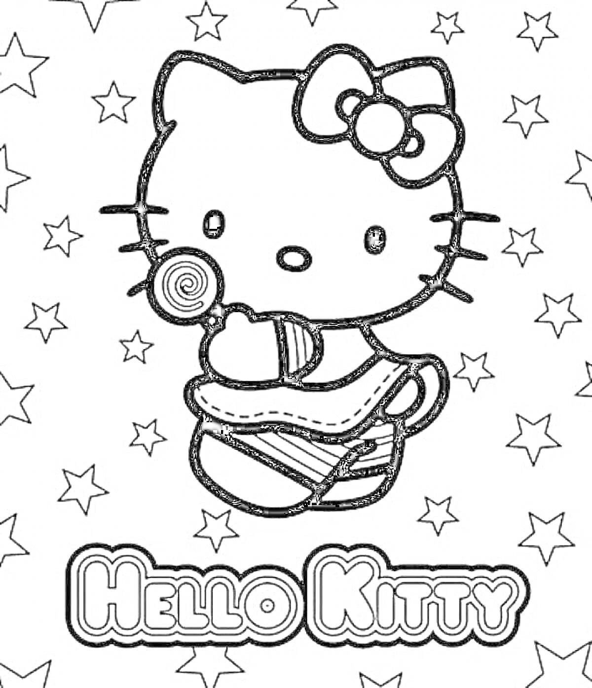 Раскраска Hello Kitty с леденцом в руках среди звёзд