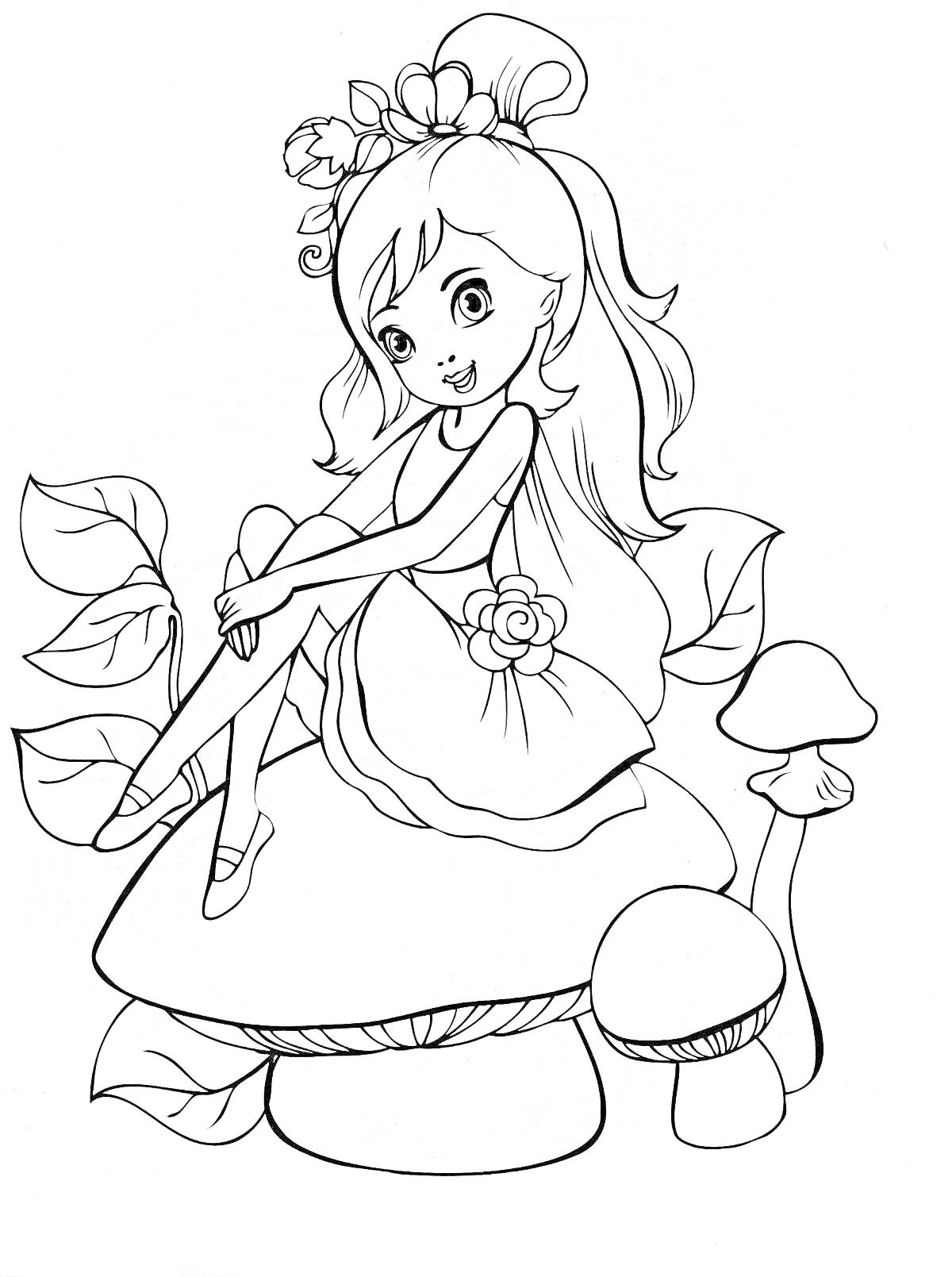 Раскраска Девочка-фея на грибе с цветами и листьями