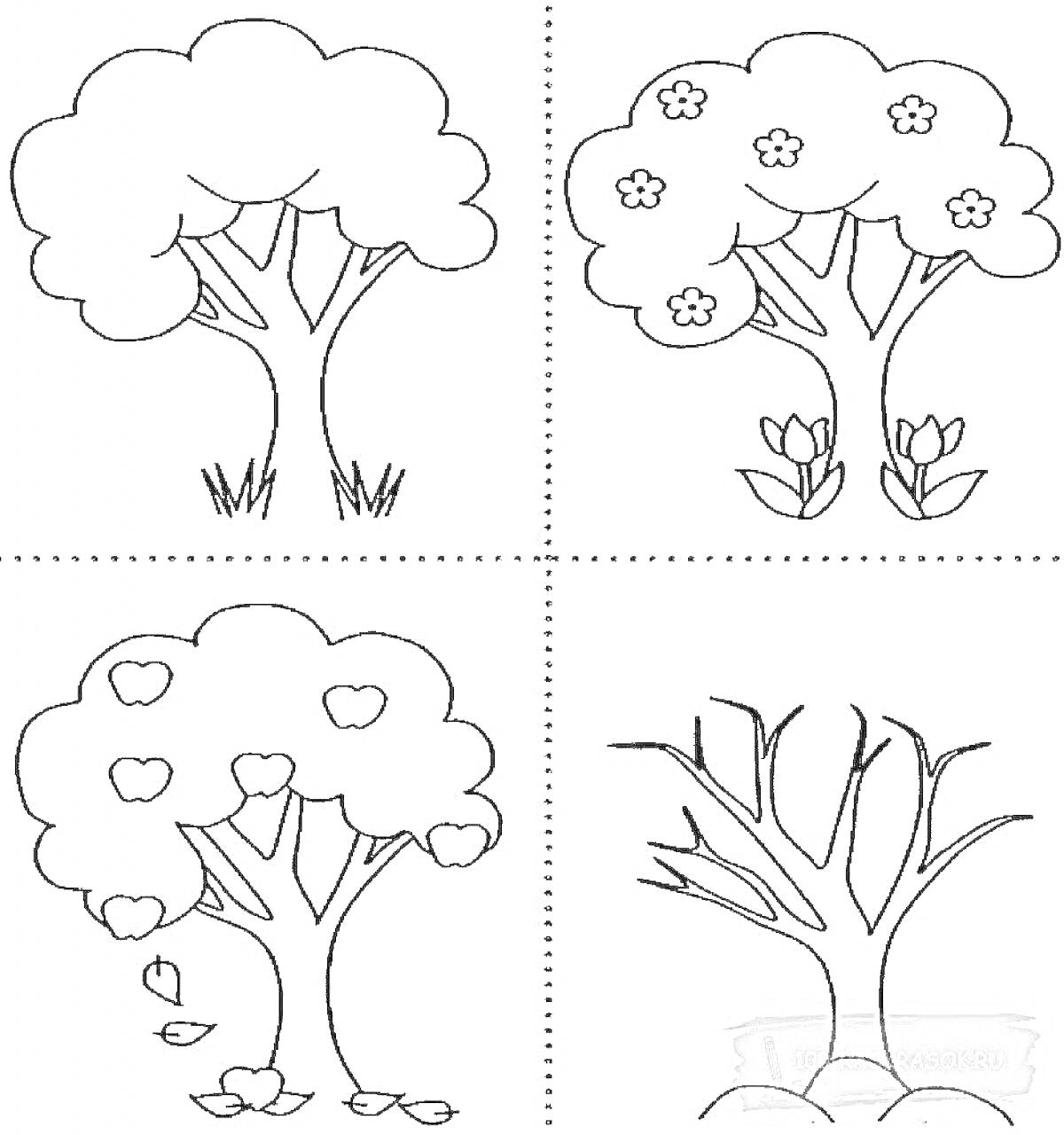 Раскраска Деревья в разные времена года: лето, весна с цветами на деревьях и цветами у корней, осень с падающими листьями, зима без листьев
