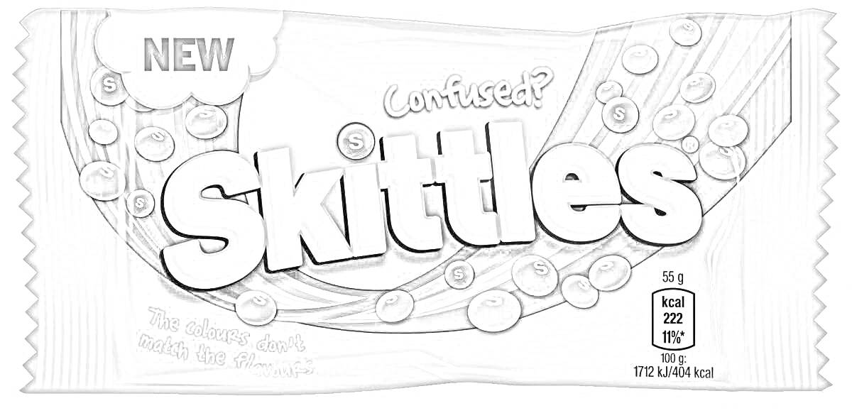 Раскраска Упаковка конфет Skittles с надписями 