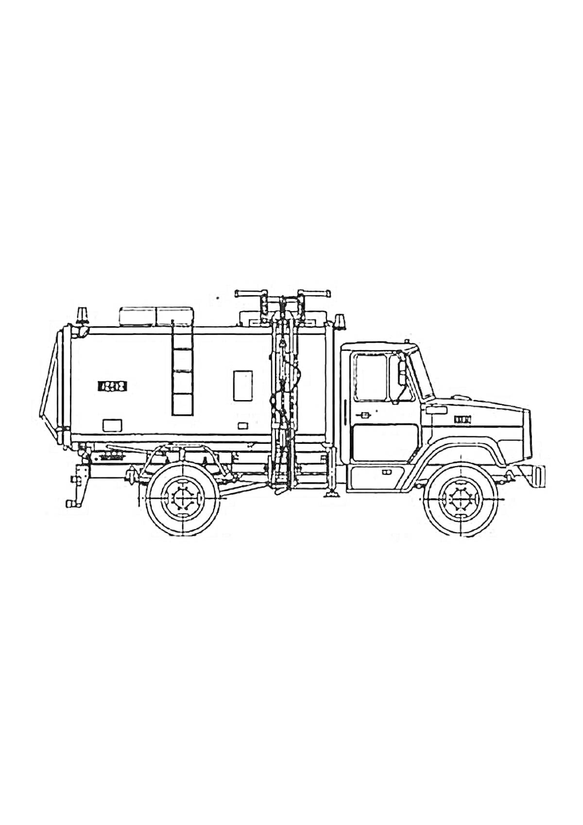 Раскраска мусоровоз с загрузочным механизмом и кабиной водителя, боковая проекция