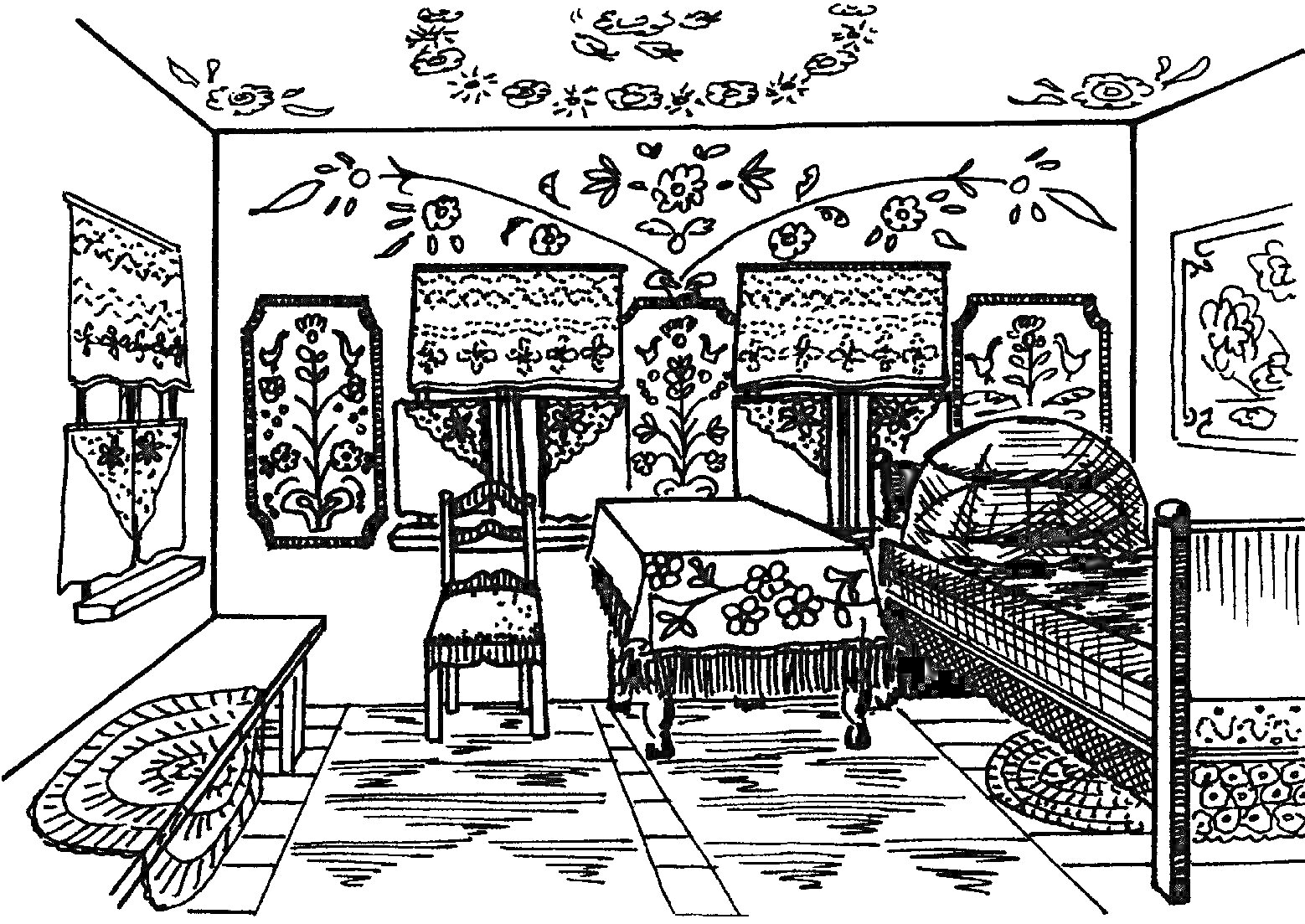 На раскраске изображено: Традиционный интерьер, Национальные узоры, Мебель, Стул, Стол, Занавески