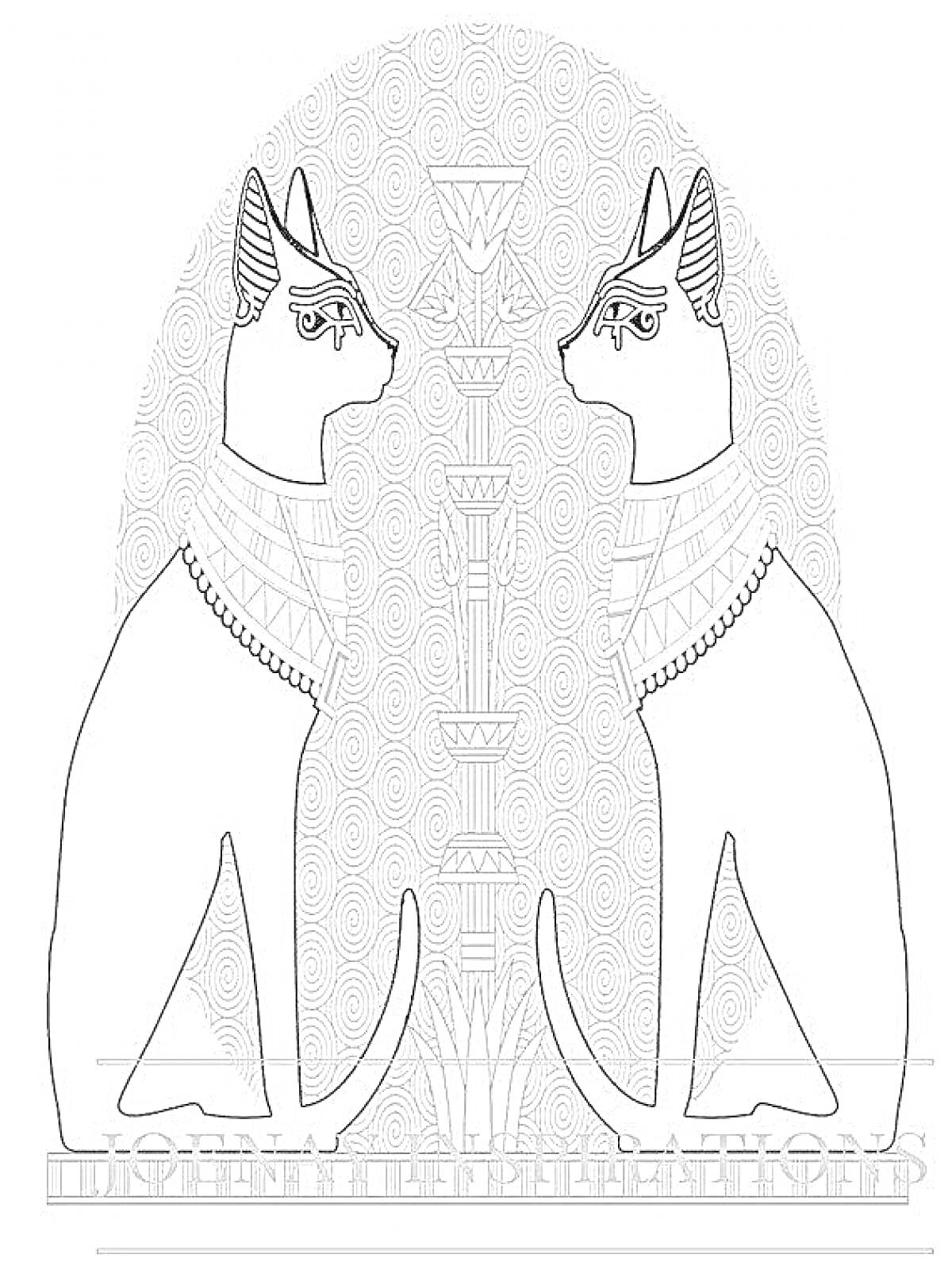Раскраска Две египетские кошки с древнеегипетскими узорами и символами в овальной рамке