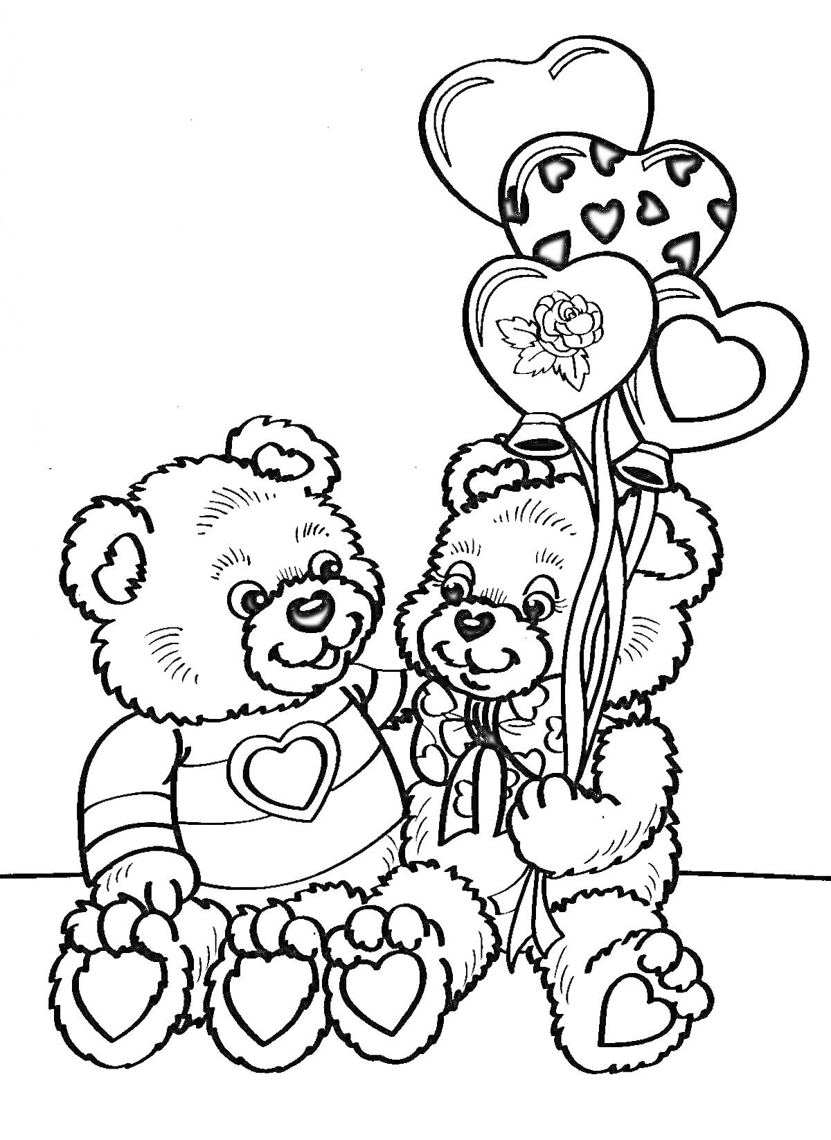 РаскраскаДва медвежонка Тедди с воздушными шарами в форме сердец