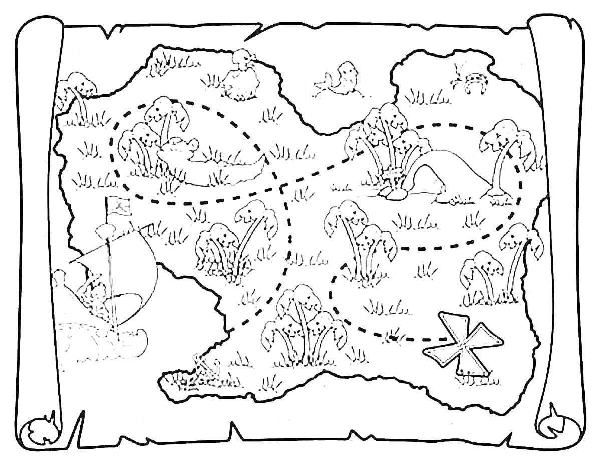 Раскраска Карта сокровищ с кораблём, деревьями и пунктирными линиями