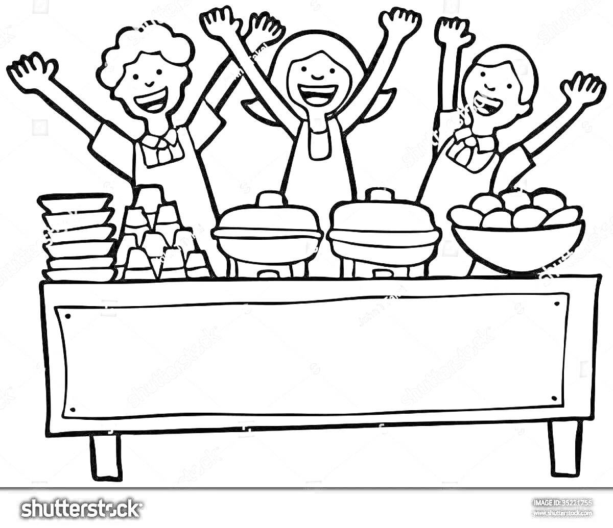 Раскраска Люди за буфетным столом с тарелками, контейнерами для еды и миской с фруктами