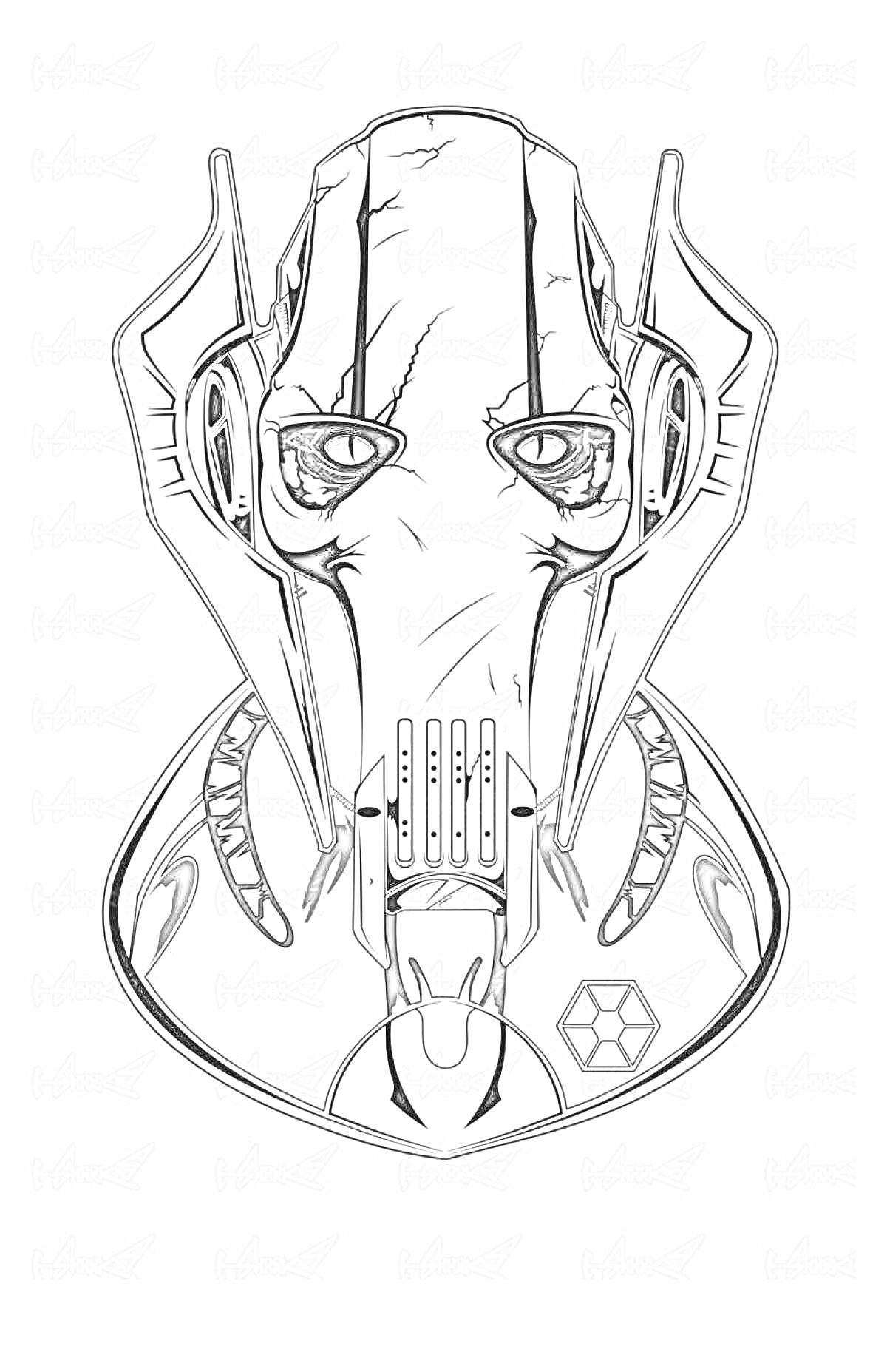 Раскраска Маска Генерала Гривуса с шрамами и символом на грудной пластине