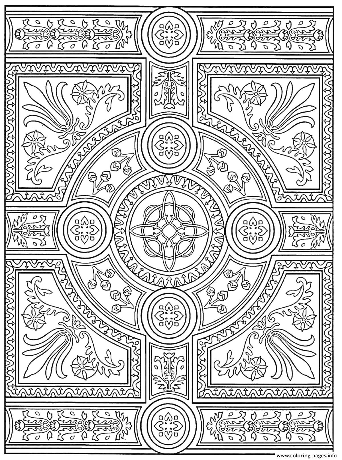 Раскраска Симметричный узор с цветами и геометрическими элементами