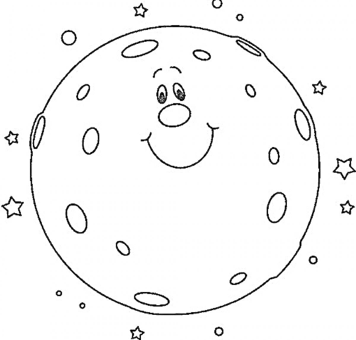На раскраске изображено: Луна, Кратеры, Звезды, Космос, Астрономия, Для детей