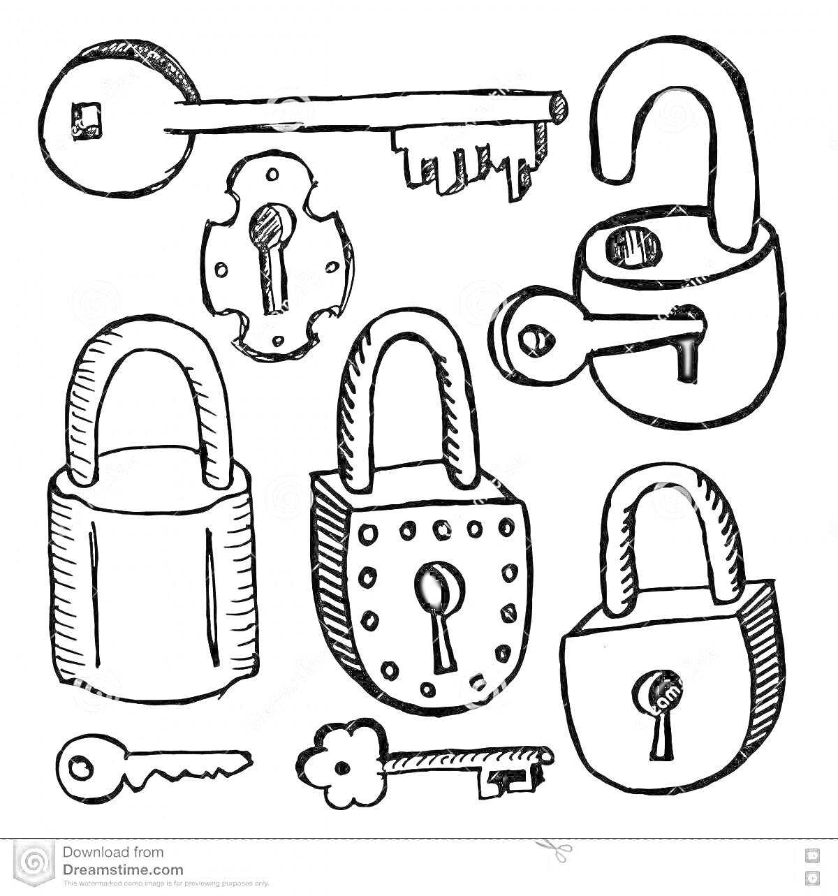 На раскраске изображено: Замок, Ключ, Замочная скважина, Иллюстрация