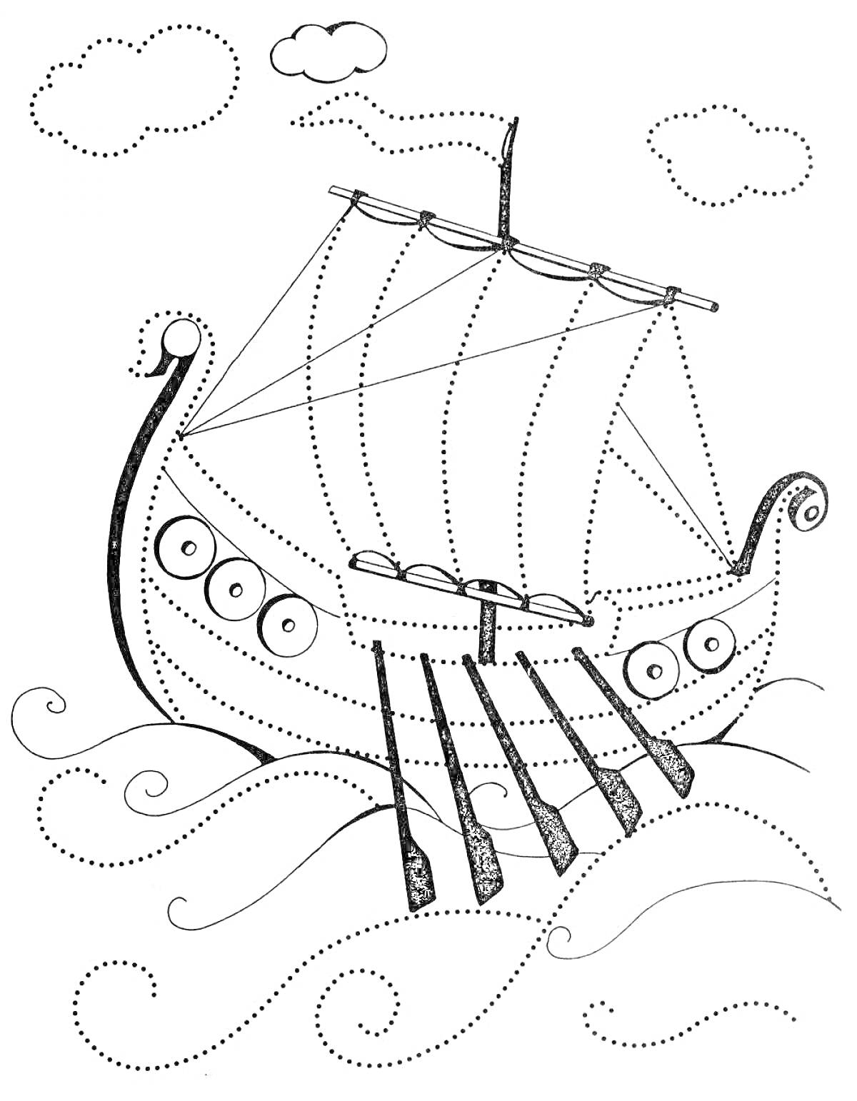 На раскраске изображено: Корабль, Волны, Облака, Море, Скандинавский стиль, Весла, Садко