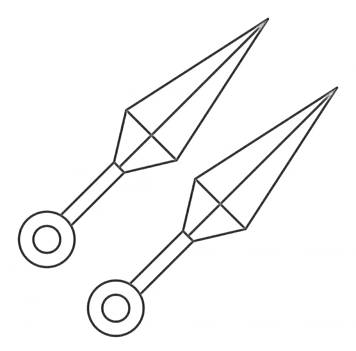 Раскраска Два ножа кунай с кольцами на рукоятках