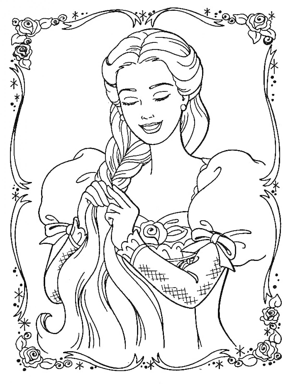 Барби с длинными волосами в платье с пышными рукавами, заплетающая косу, в декоративной рамке с цветами и звездами