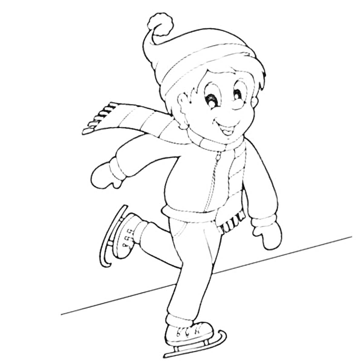 Раскраска Мальчик в шапке с помпоном и шарфе катается на коньках