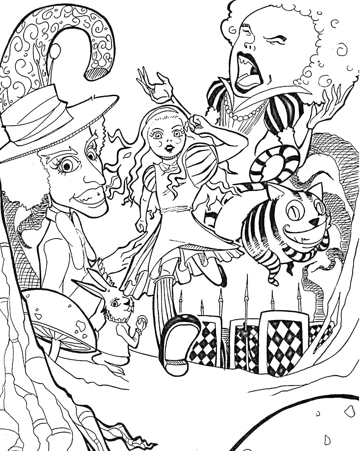 Раскраска Алиса со шляпником, мышонком, чеширским котом и королевой в волшебном лесу