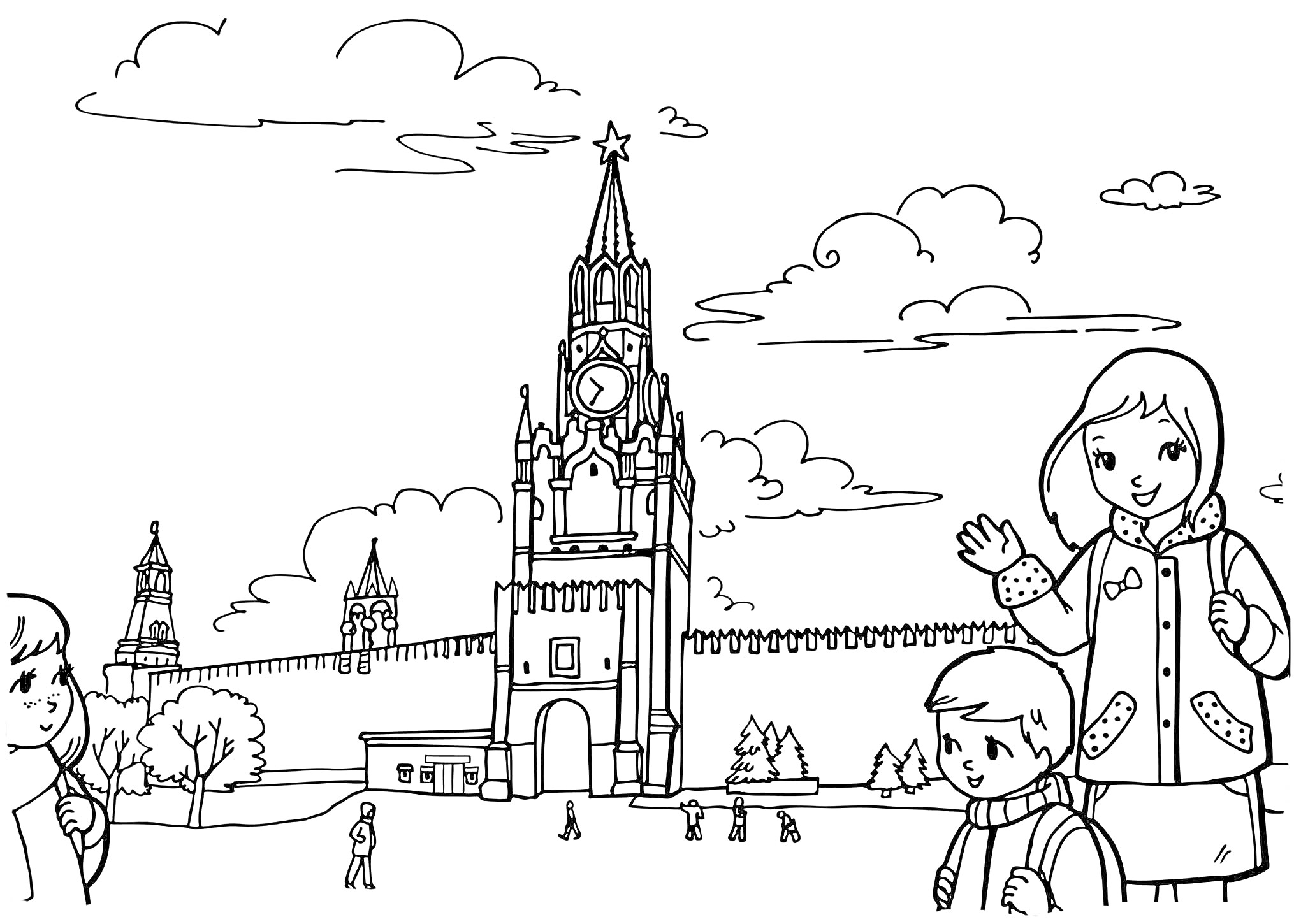 На раскраске изображено: Москва, Спасская башня, Кремль, Прогулка, Облака, Архитектура, Стена, Для детей, Башни