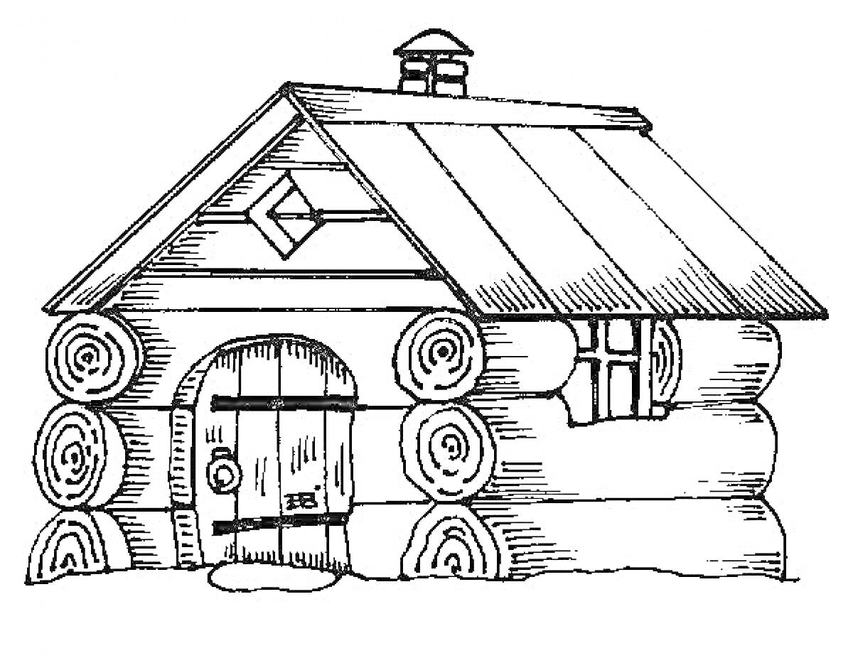 На раскраске изображено: Дом, Дверь, Труба, Крыша, Деревянный дом, Окна, Бревно