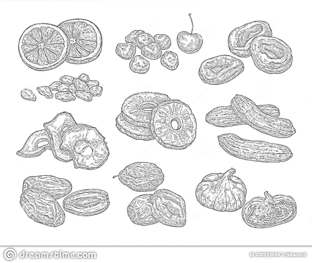 Раскраска Разные виды сушёных фруктов