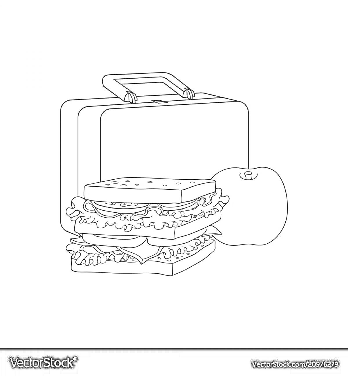 Раскраска Ланч бокс с сендвичем и яблоком