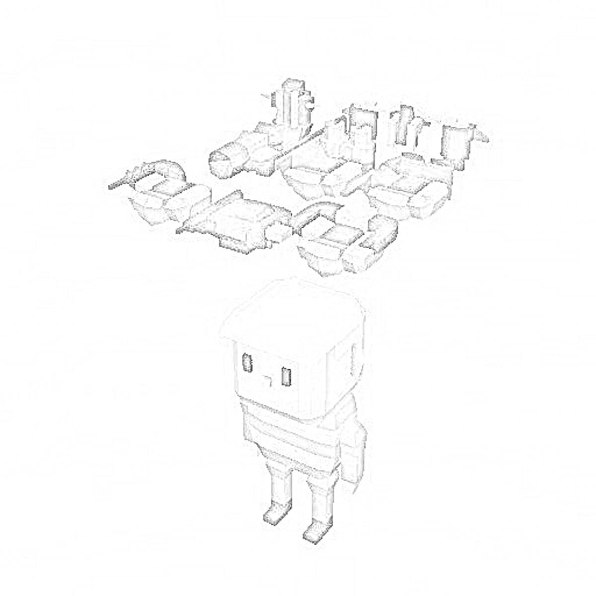 Раскраска Персонаж в стиле Когама с элементами зданий и объектов на заднем плане