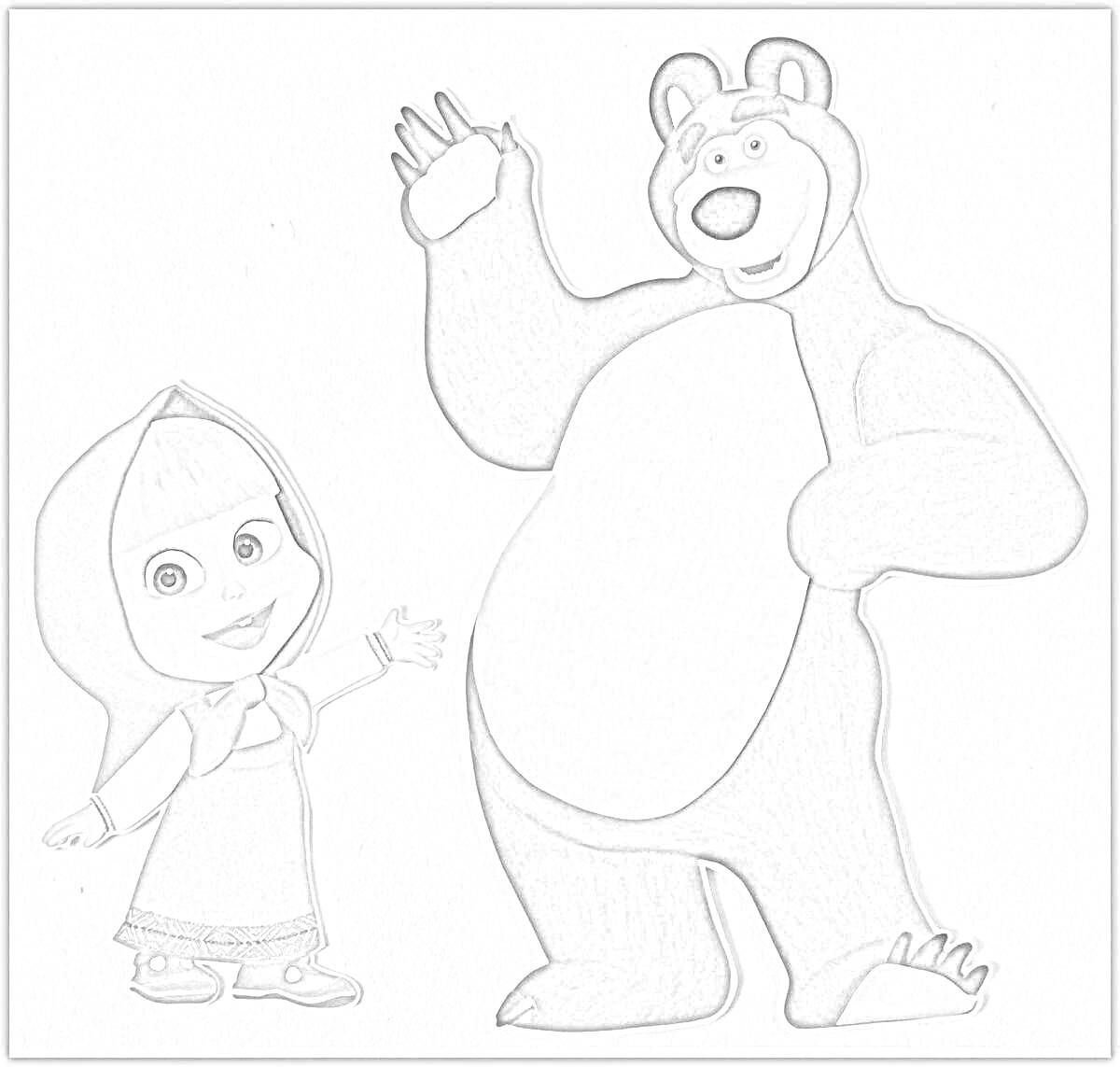 На раскраске изображено: Маша и Медведь, Дружба, Приветствие