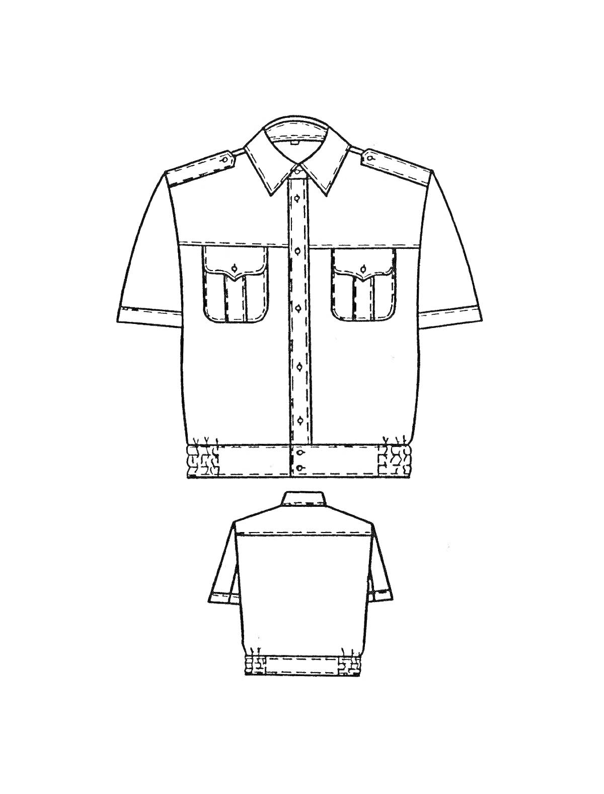 Раскраска Военная рубашка с короткими рукавами и нагрудными карманами, вид спереди и сзади