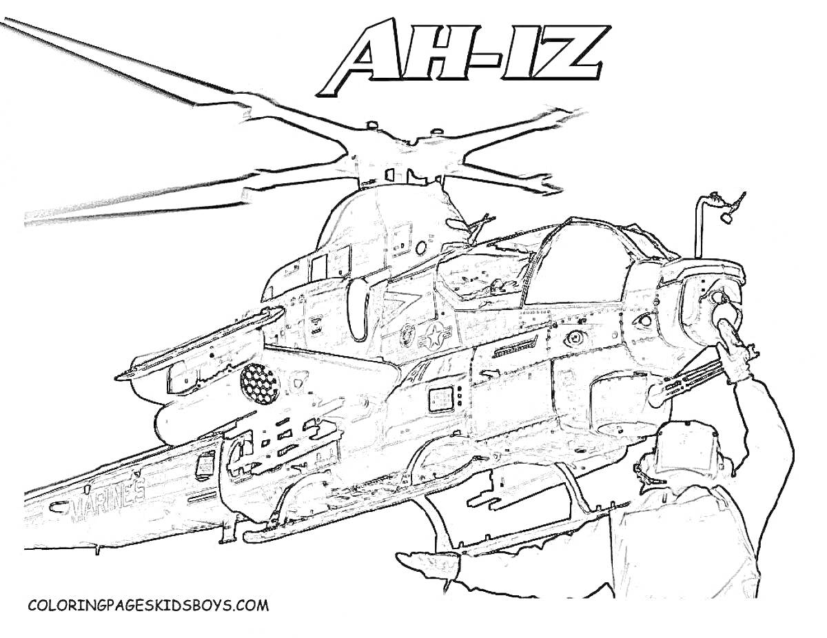 Раскраска Боевой вертолет AH-1Z в полете и человек с инструментом на переднем плане