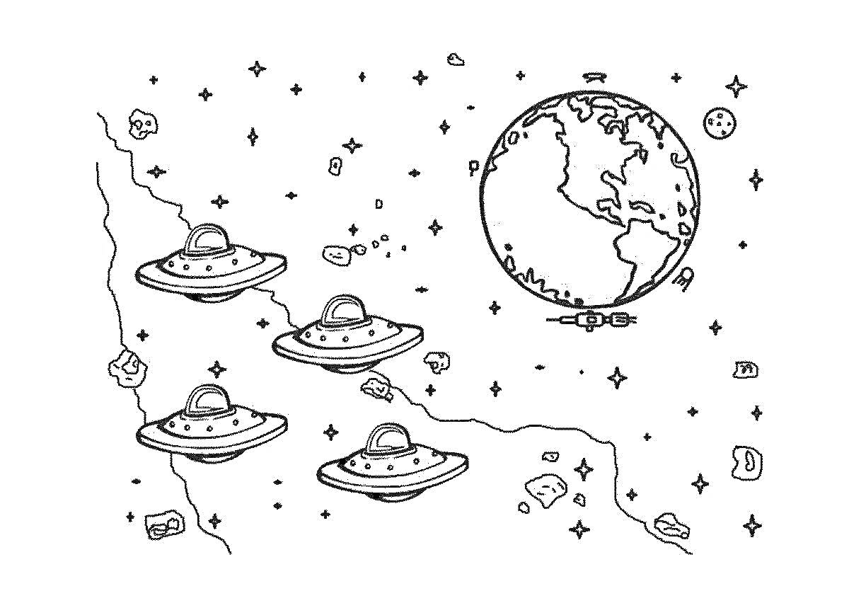 На раскраске изображено: Космос, Планеты, Земля, НЛО, Астероиды, Звезды