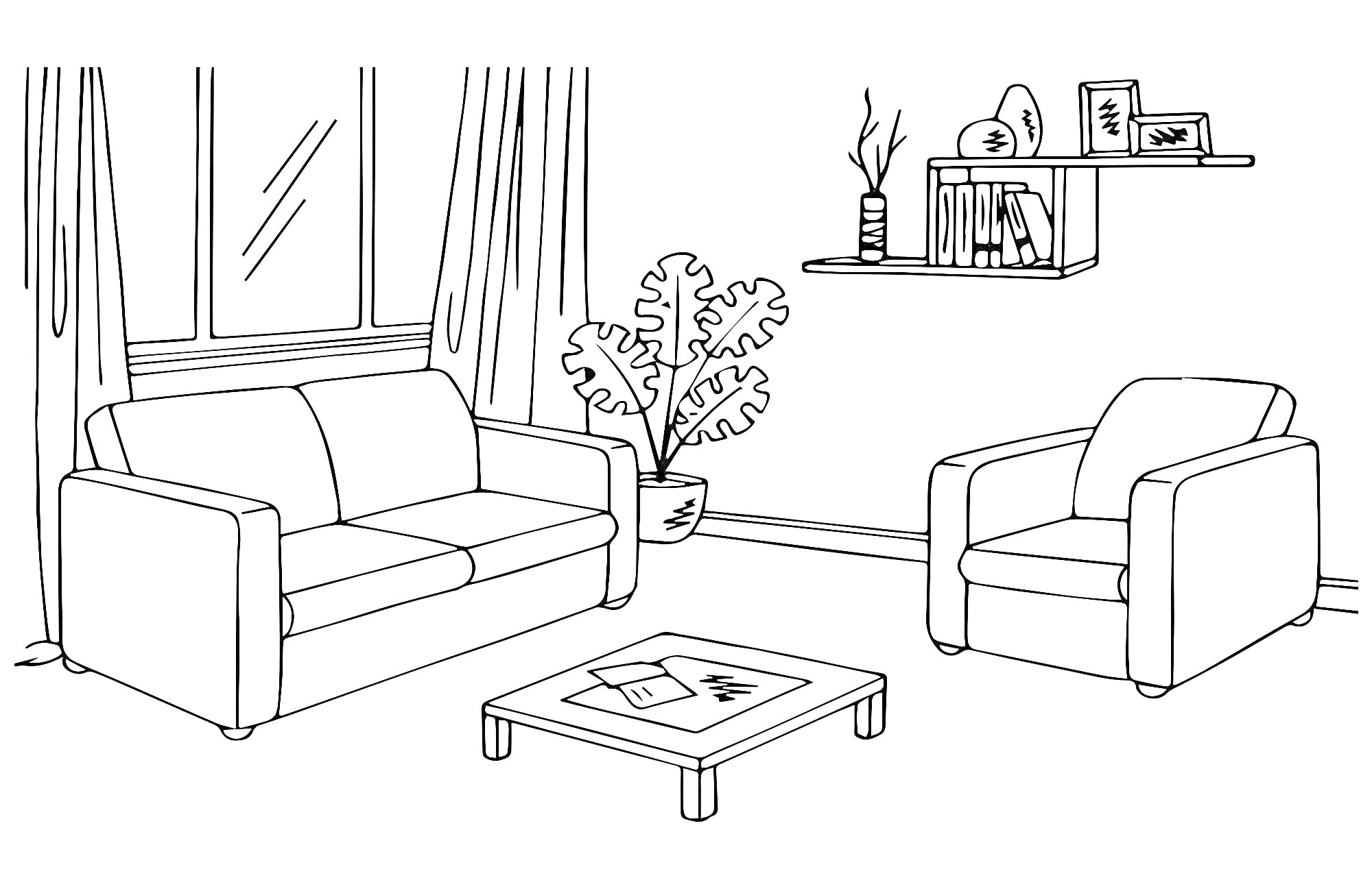 На раскраске изображено: Гостиная, Диван, Кресло, Кофейный столик, Шторы, Декор, Комната