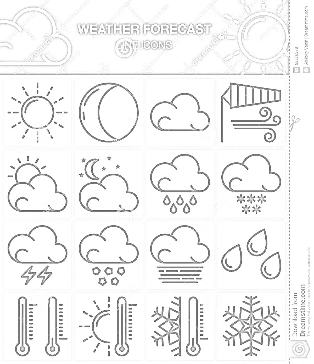 Раскраска прогноз погоды - солнце, луна, облака, ветер, звёзды, дождь, снег, молния, градусник, снежинка, капли