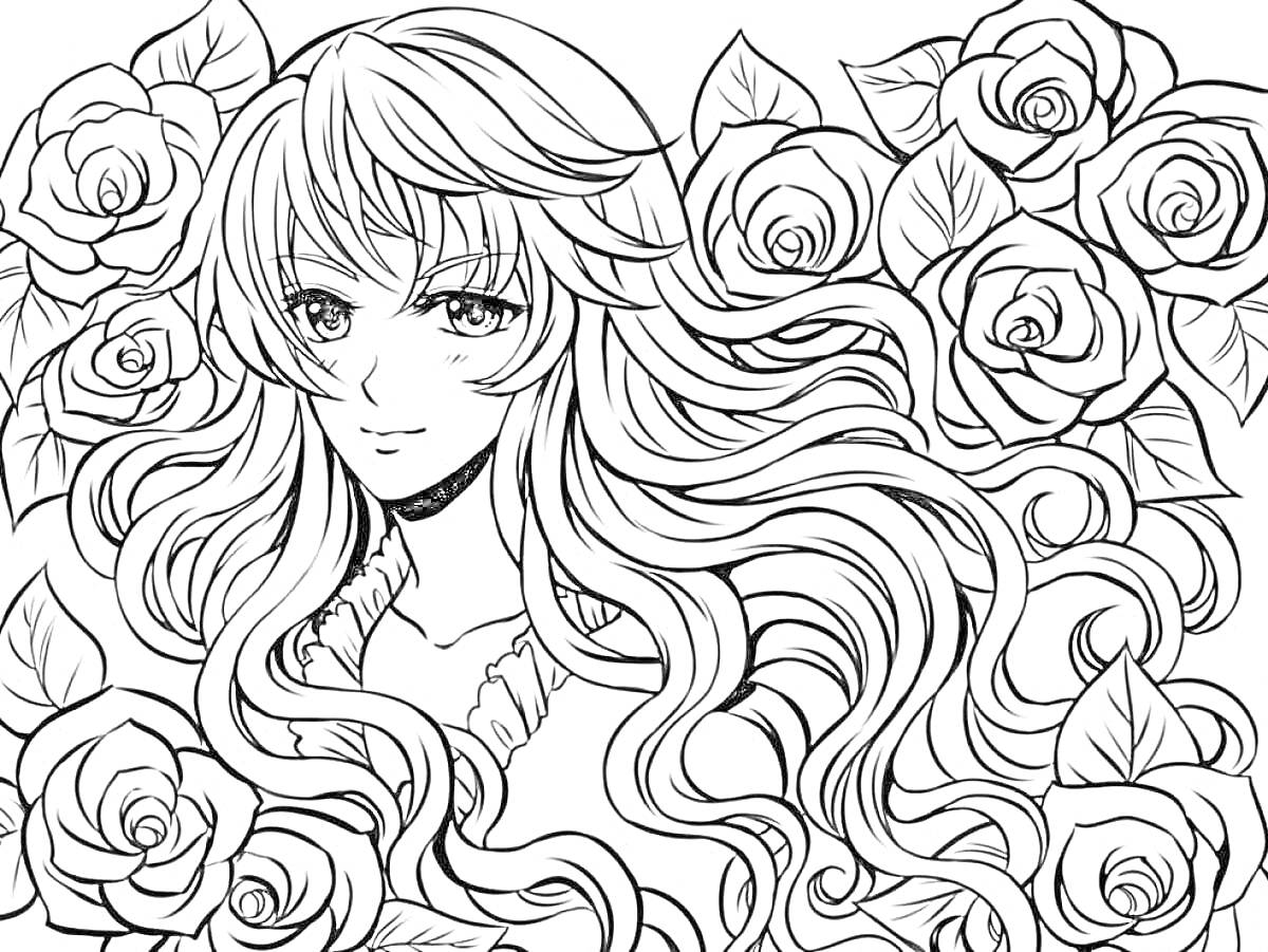 Раскраска Девушка с длинными волосами среди роз