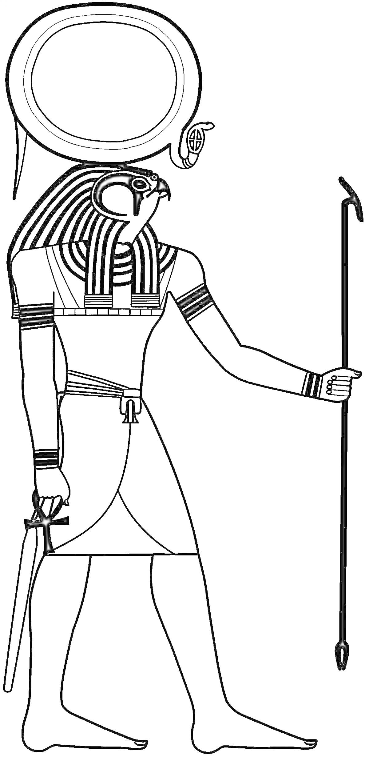 На раскраске изображено: Бог Ра, Солнечный диск, Скипетр, Древний Египет, Мифические существа