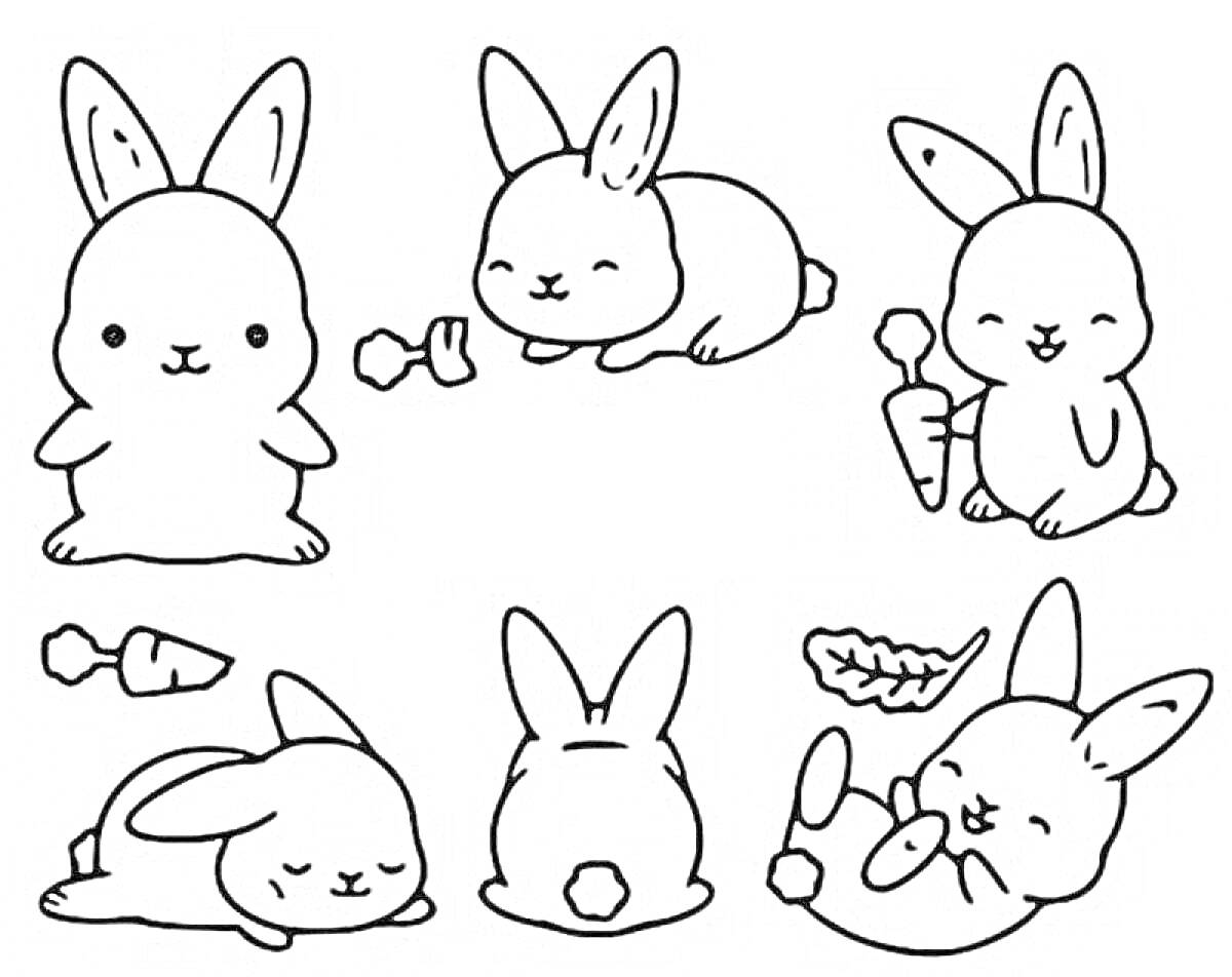 На раскраске изображено: Милые животные, Маленькие, Милые, Зайцы, Листья, Морковь