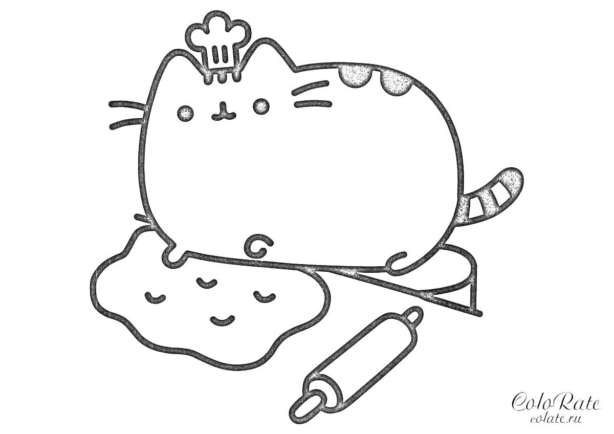 Раскраска Котик с поварским колпаком на тесте и скалка