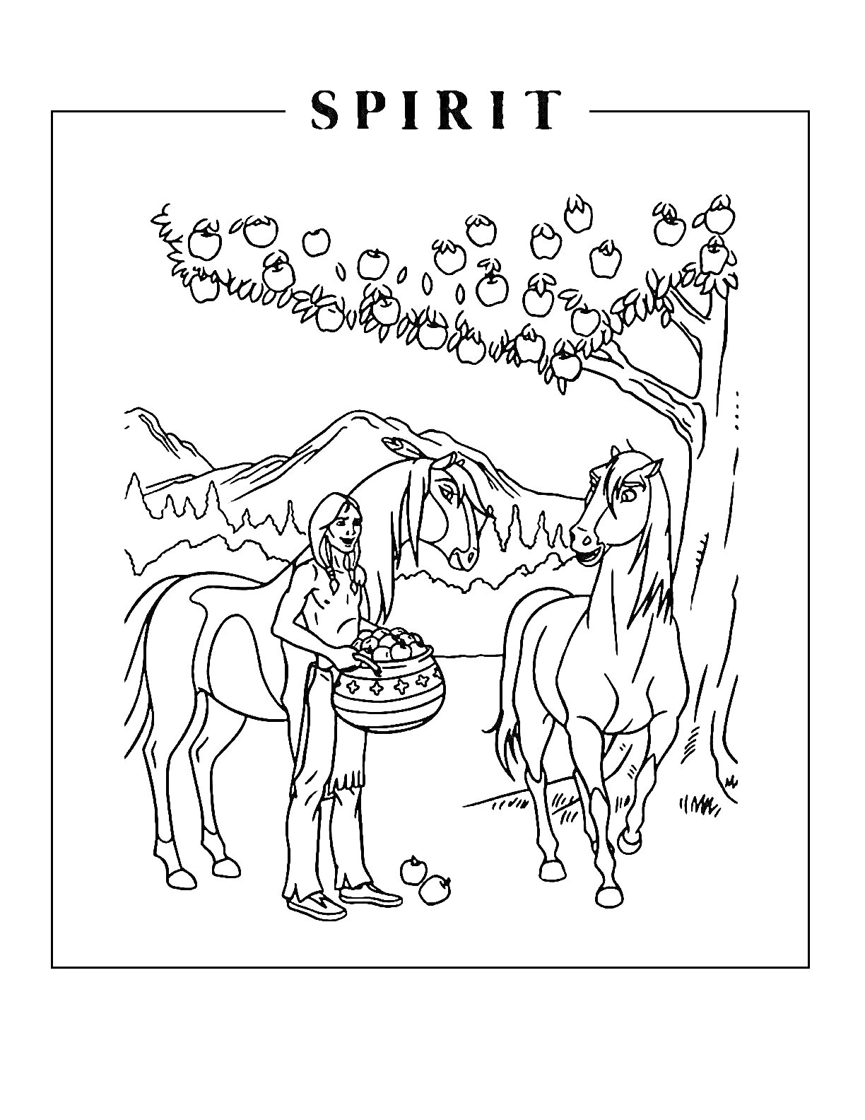 На раскраске изображено: Спирит, Лошадь, Конь, Человек, Природа, Горы, Яблоня