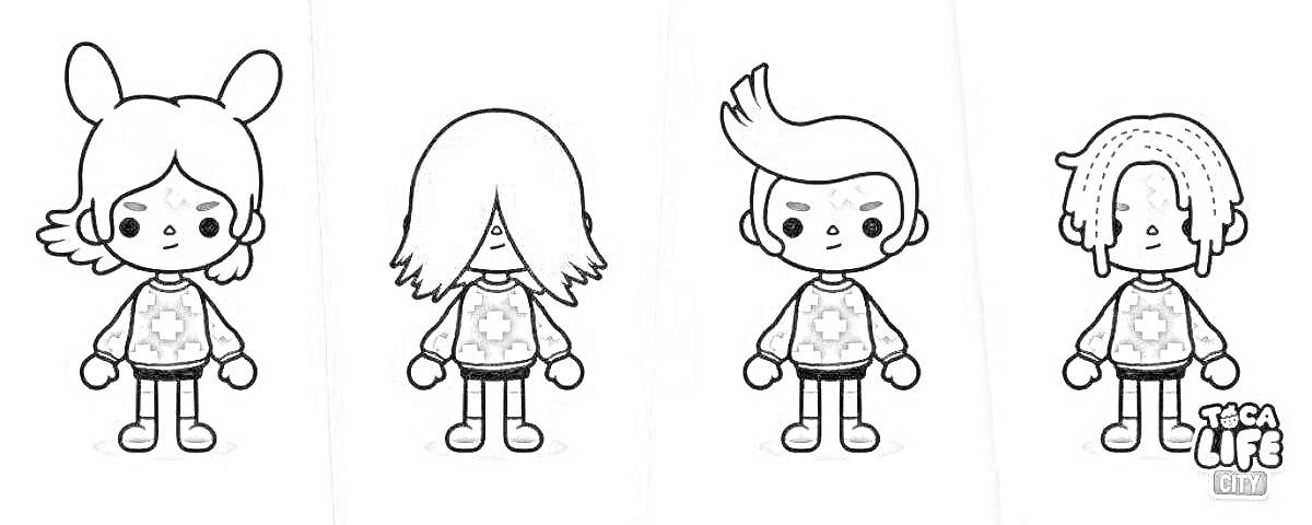 Раскраска Четыре персонажа из Toca Boca в свитерах с узором звездочки