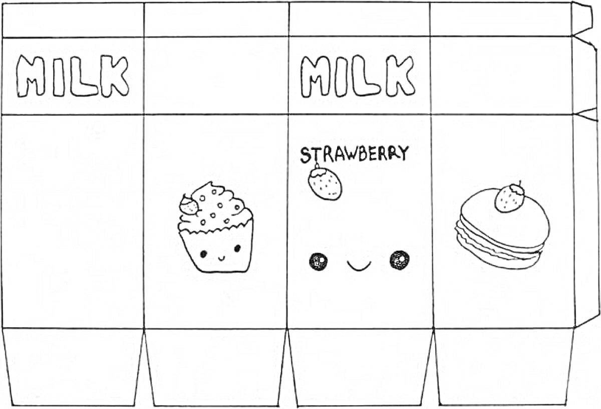 На раскраске изображено: Молоко, Клубника, Еда, Коробка, Капкейки